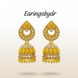 yellow shade with white stone Jhumka style earing